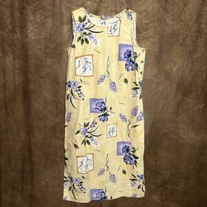 Vintage 90s Floral Bluebell Shift Dress Pale Yellow Sleeveless Linen Blend Boho